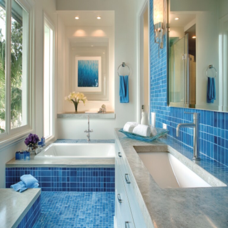 Modern Blue And White Small Bathroom Idea With Concrete-Finish Bathroom Countertop