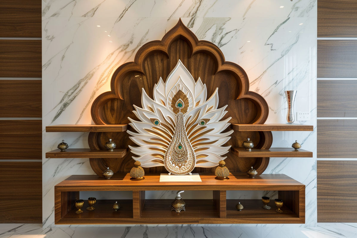 Modern White And Walnut-Toned Wooden Mandir Design With Wall-Mounted Shelves And Peacock-Feather Motif