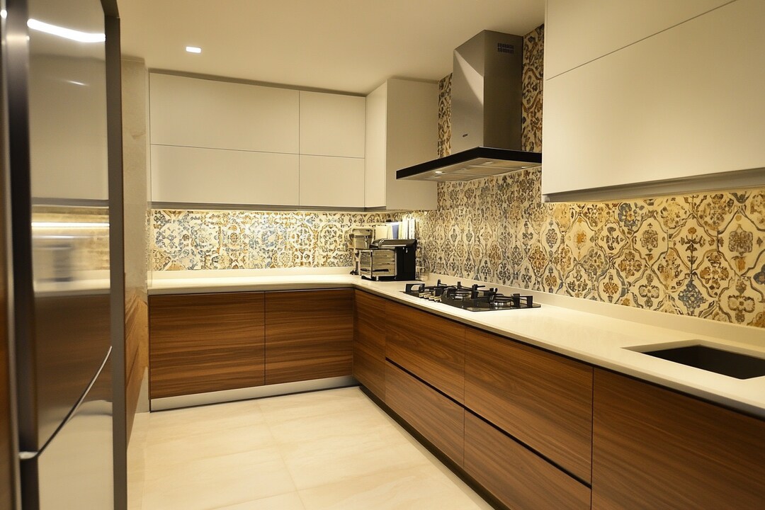 Modern White And Wood Modular Indian Kitchen Design With Moroccan ...
