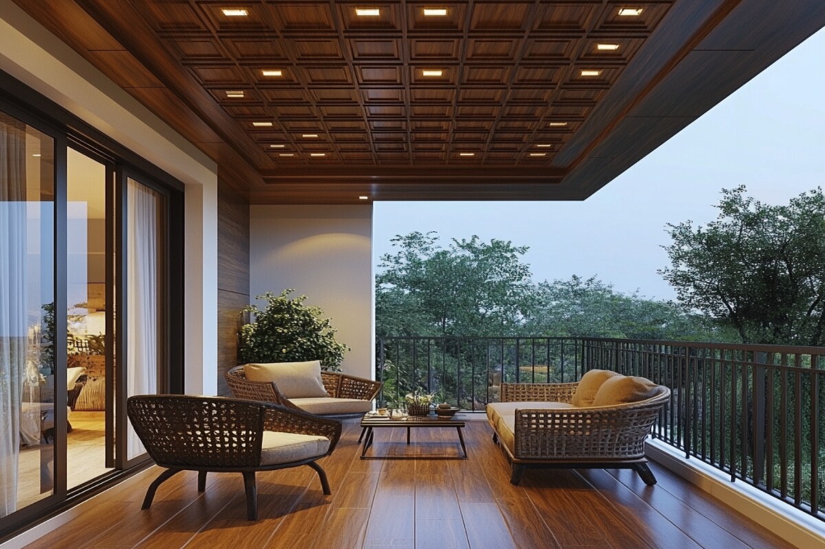 Tropical Wooden False Ceiling Design With Grid For Balcony