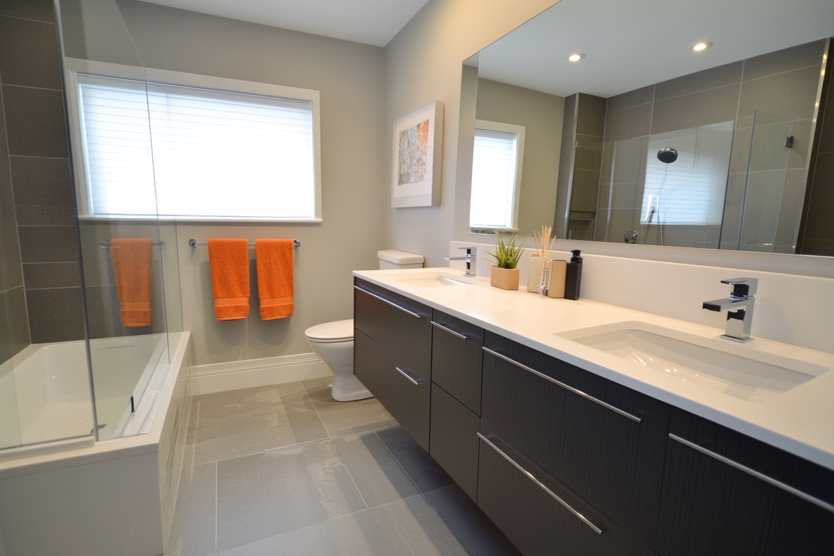 Modern Grey And White Bathroom Design With Dark Grey Bathroom Cabinet