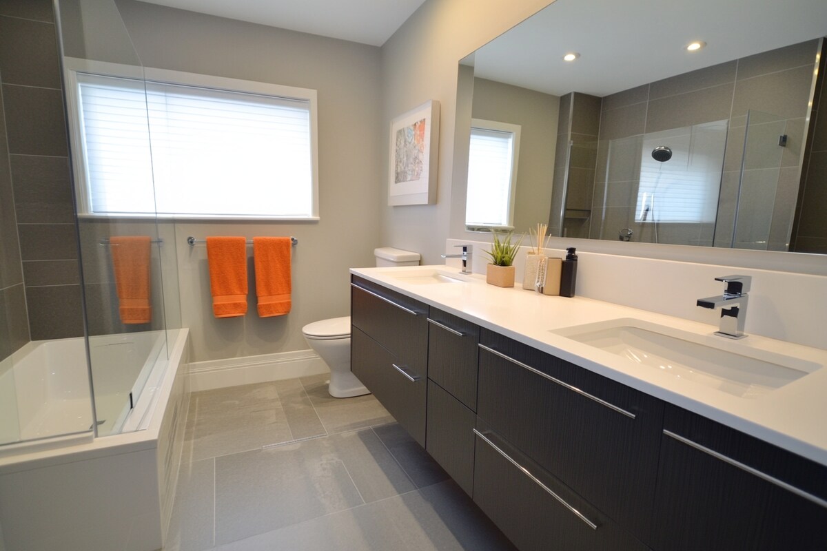 Modern Grey And White Bathroom Design With Dark Grey Bathroom Cabinet Modern Grey And White Bathroom Design With Dark Grey Bathroom Cabinet