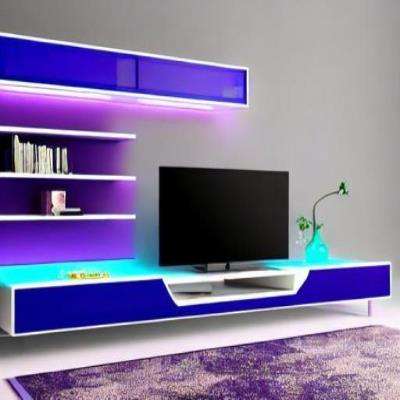 Modern TV Unit Design in Blue and Violet Laminate on White Floor