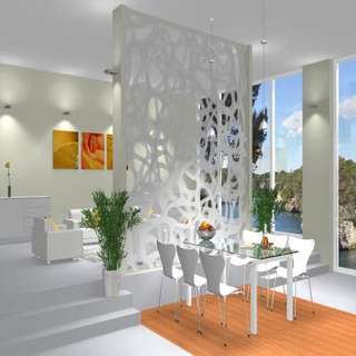 Living Room Design With Asymmetrical White Coloured Partition