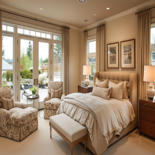 Contemporary Beige Master Bedroom Design With Floral Seater