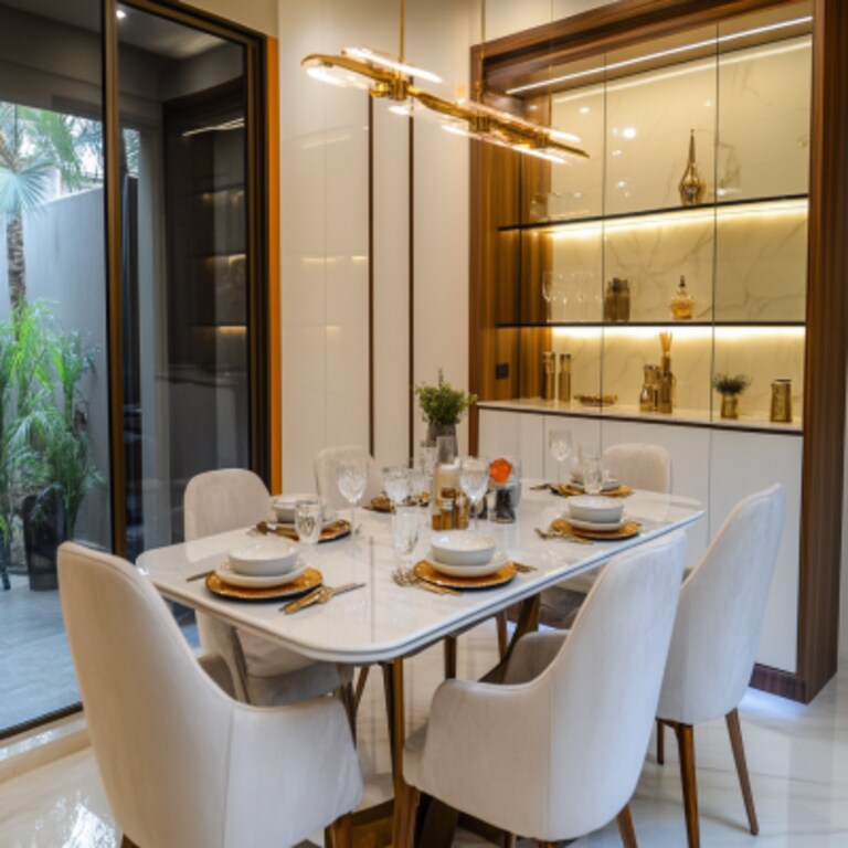 Modern Dining Room Design With 6-Seater White Quartz Dining Table And Glass Crockery Unit Modern Dining Room Design With 6-Seater White Quartz Dining Table And Glass Crockery Unit