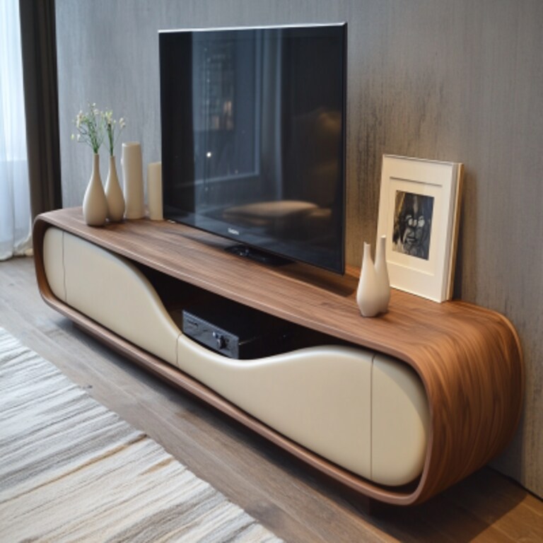 Modern Floor Mounted Light Beige And American Walnut TV Unit Design