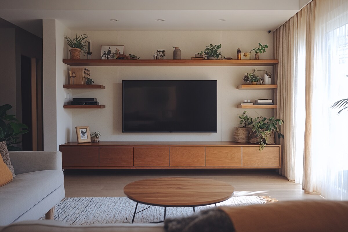 Modern TV Unit Design with Floor-Mounted TV with Drawer Storage