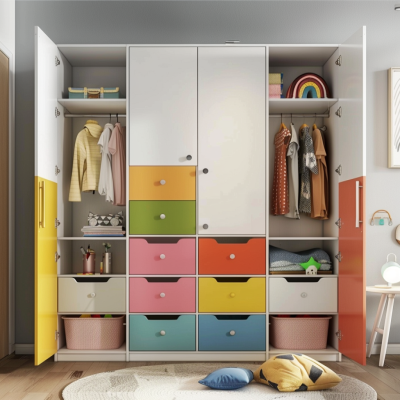 Modern White 4-Door Wardrobe Design With Multicoloured Drawer Storage