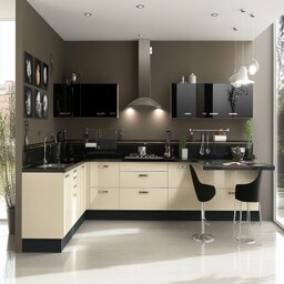 Contemporary White L-Shaped Kitchen Design with Granite Countertop