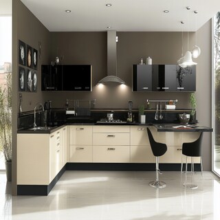 Modern L-Shaped Kitchen Design with Cream and Black Units