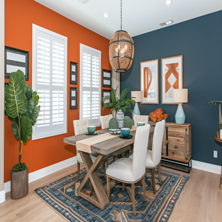 Mediterranean 4-seater Wood And Orange Dining Room Design With Dark Blue Accent Wall