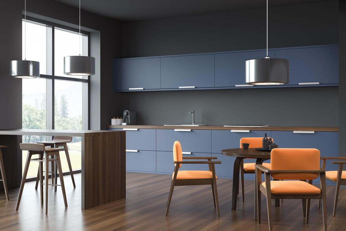 Blue-Grey Modular Kitchen Cabinets