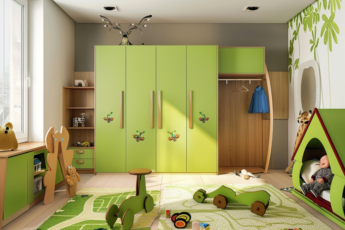 Modern Green And Wood Kids Room Design With 4-Door Swing Wardrobe