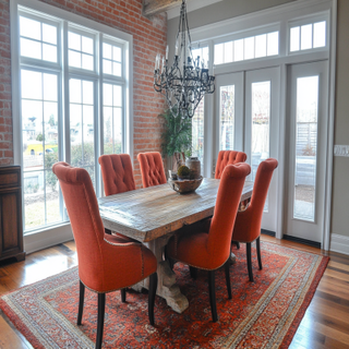 Modern Classic Wooden Dining Room Design For Six With Brick Red Upholstered Chairs