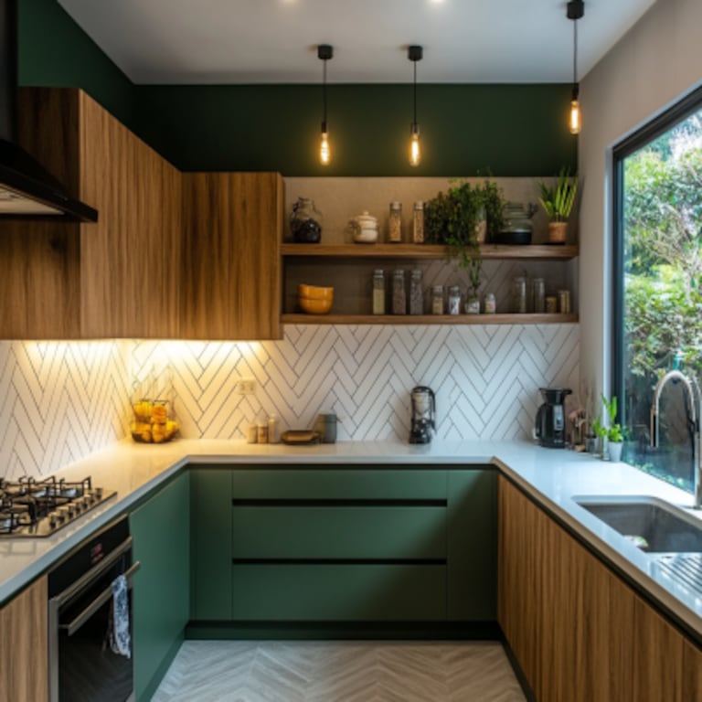 Tropical White Herringbone Tile Wall For Kitchen With Green And Wooden Cabinets