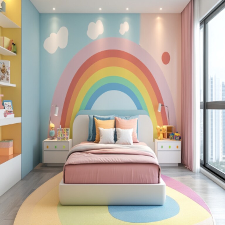 Contemporary Kids Bedroom Design with Rainbow Wall Decor