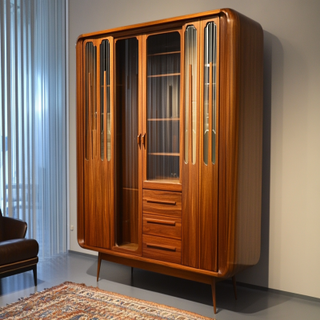 Mid-Century Modern 5-Door Wooden Swing Wardrobe Design With Glass Shutters