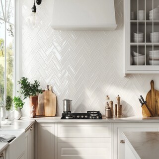 Modern White Glossy Herringbone Tile Design For Kitchen Wall