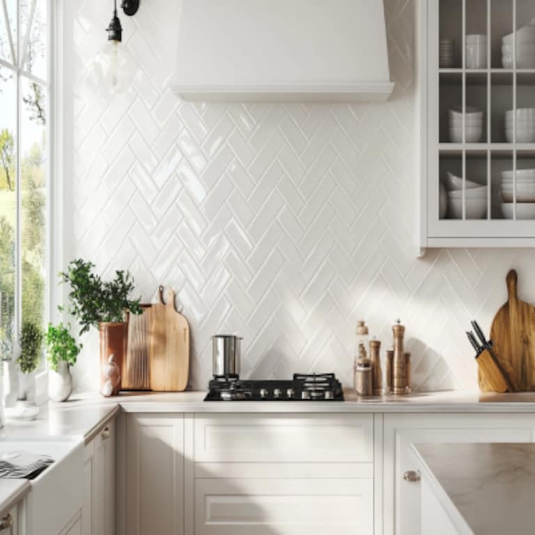 Modern White Glossy Herringbone Tile Design For Kitchen Wall