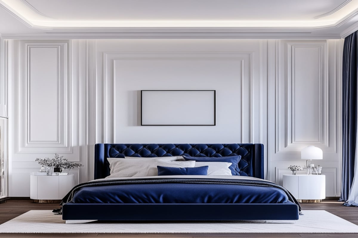 Minimalist Modern Master Bedroom Design With Blue Bed and White Wall