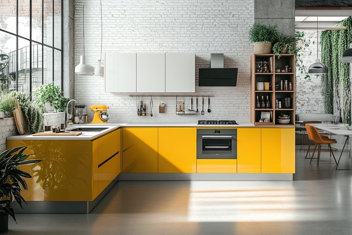 Modern L-Shape Open Modular Kitchen Design With Yellow Cabinets And White Brick Wall