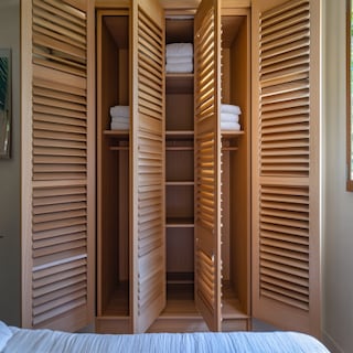 Modern Swing 4-Door Space Saving Wardrobe Design With Caribe Shutters And Open Shelves