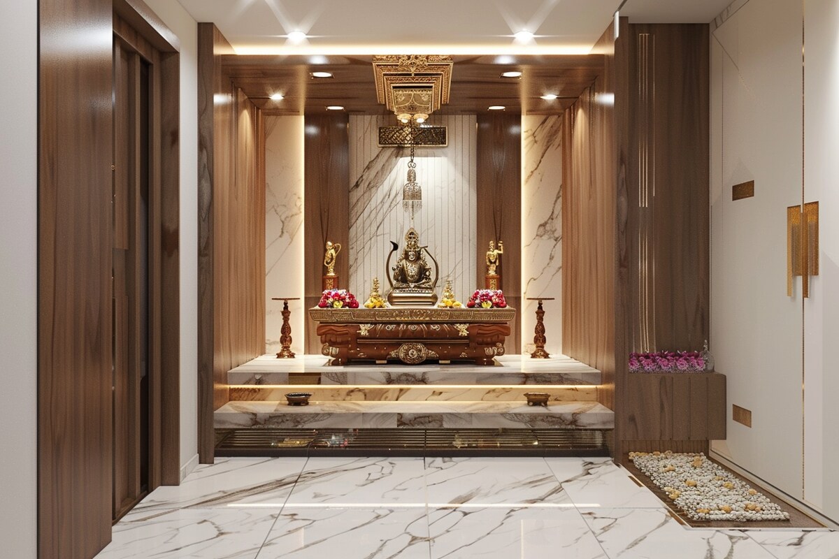 Modern Floor-Mounted Pooja Room With A Marble Countertop Modern Floor-Mounted Pooja Room With A Marble Countertop