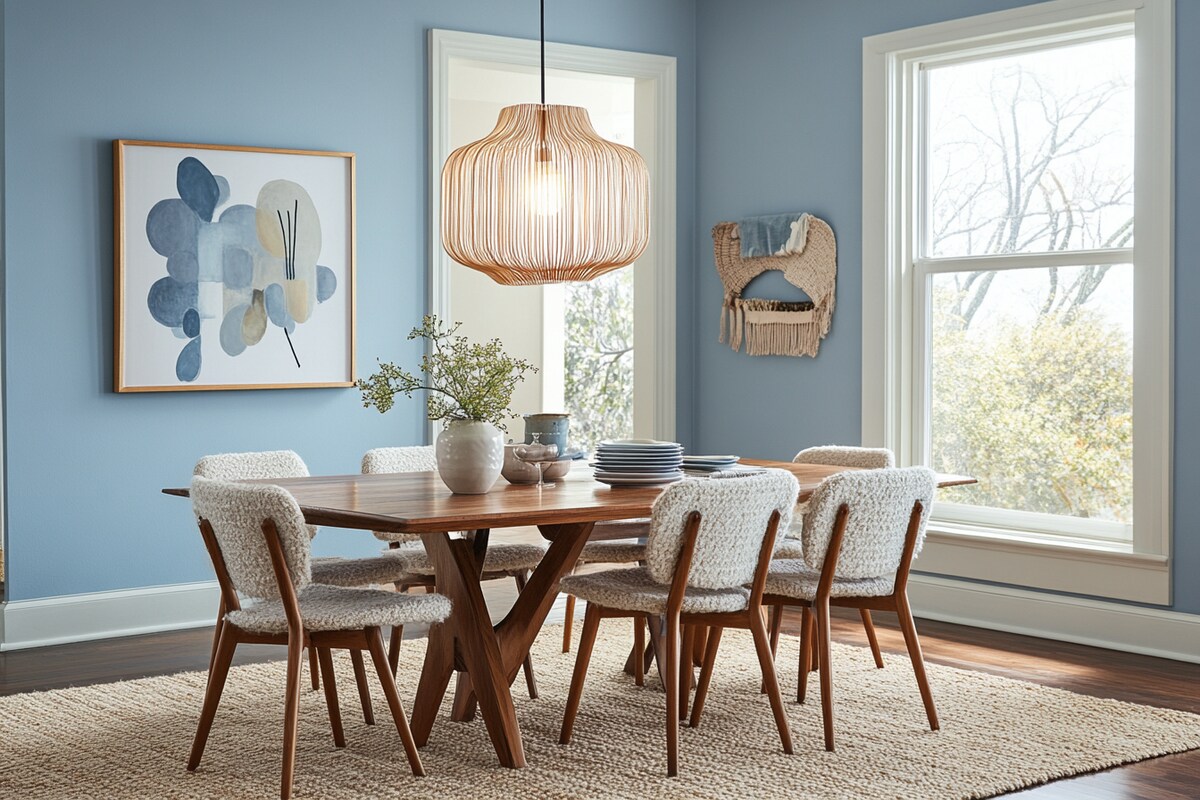 Mid-Century Modern Light Blue Wall Paint Design For Dining Rooms