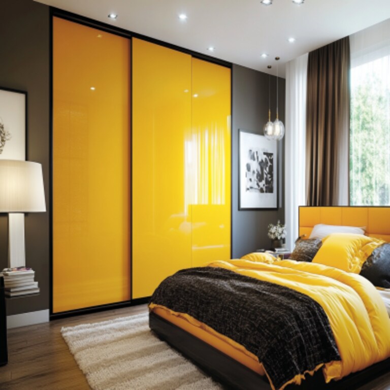 Modern Master Bedroom Design With Glossy Mustard Yellow Sliding Wardrobe