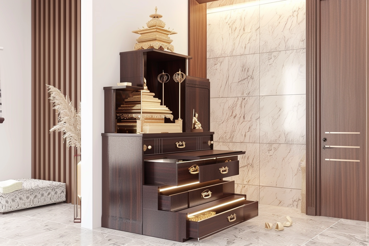 Modern Floor-Mounted Mandir Unit Design With Stepped Drawer Storage