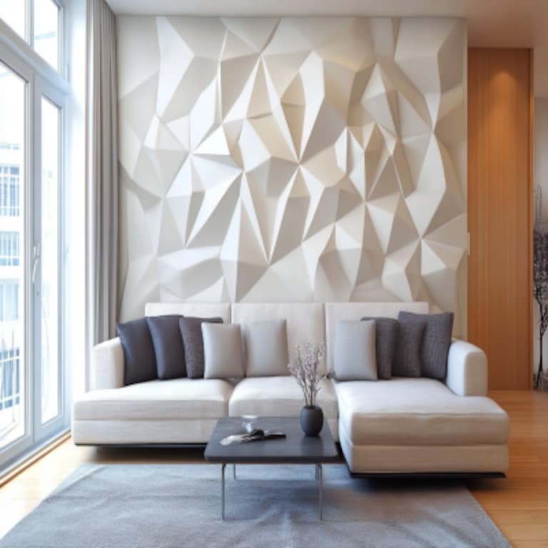 Modern White Living Room Wall Design With 3D Geometric Panelling