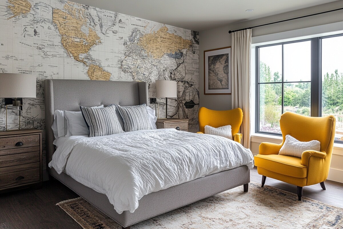 Contemporary Master Bedroom Design With Travel-Themed Accent Wallpaper And Mustard Yellow Chairs