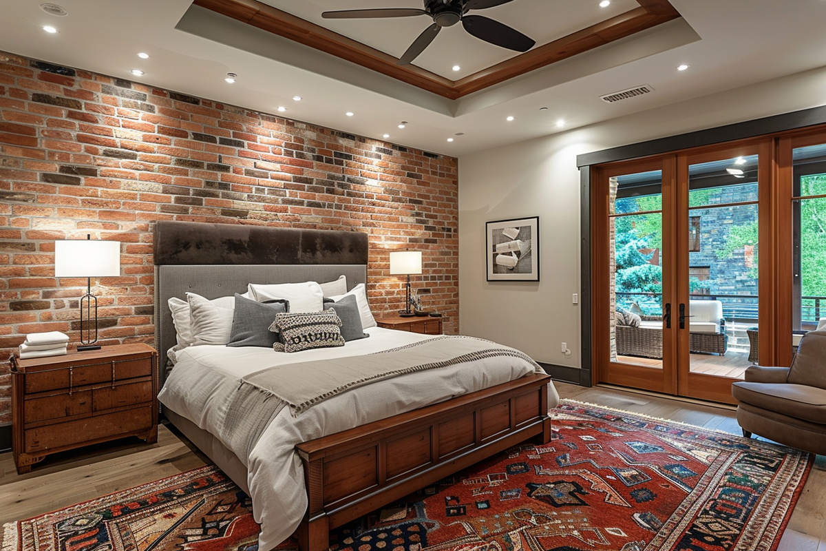 Contemporary Master Bedroom With Red Brick Accent Wall