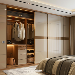 Contemporary 2-Door Champagne Sliding Door Wardrobe Design With Open Wooden Storage Unit And Study Table