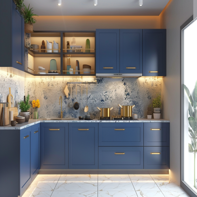 Classic Modular L-Shaped Indian Kitchen Design With Blue Cabinets