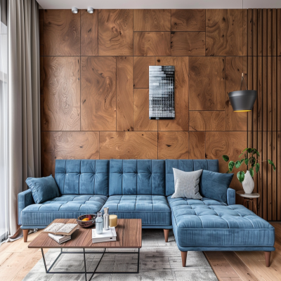 Modern Living Room Design With Blue L-shaped Sofa And Wooden Wall Panels