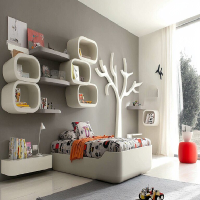 Modern Grey Kids Bedroom Wall Paint Design With White Wall-Mounted Shelves