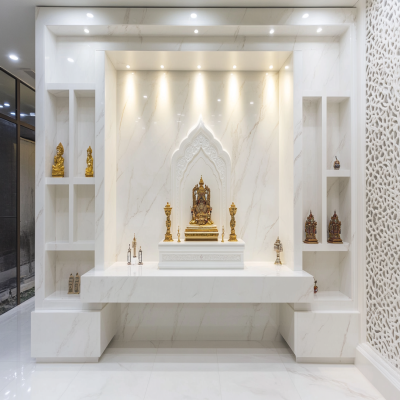 Modern All-White Pooja Room Design With Floor-Mounted Storage Unit