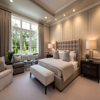 Contemporary Cream-Toned Master Bedroom Design With Grey Wall Panel