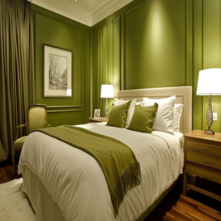 Contemporary Olive Green Bedroom Wall Design With Trims