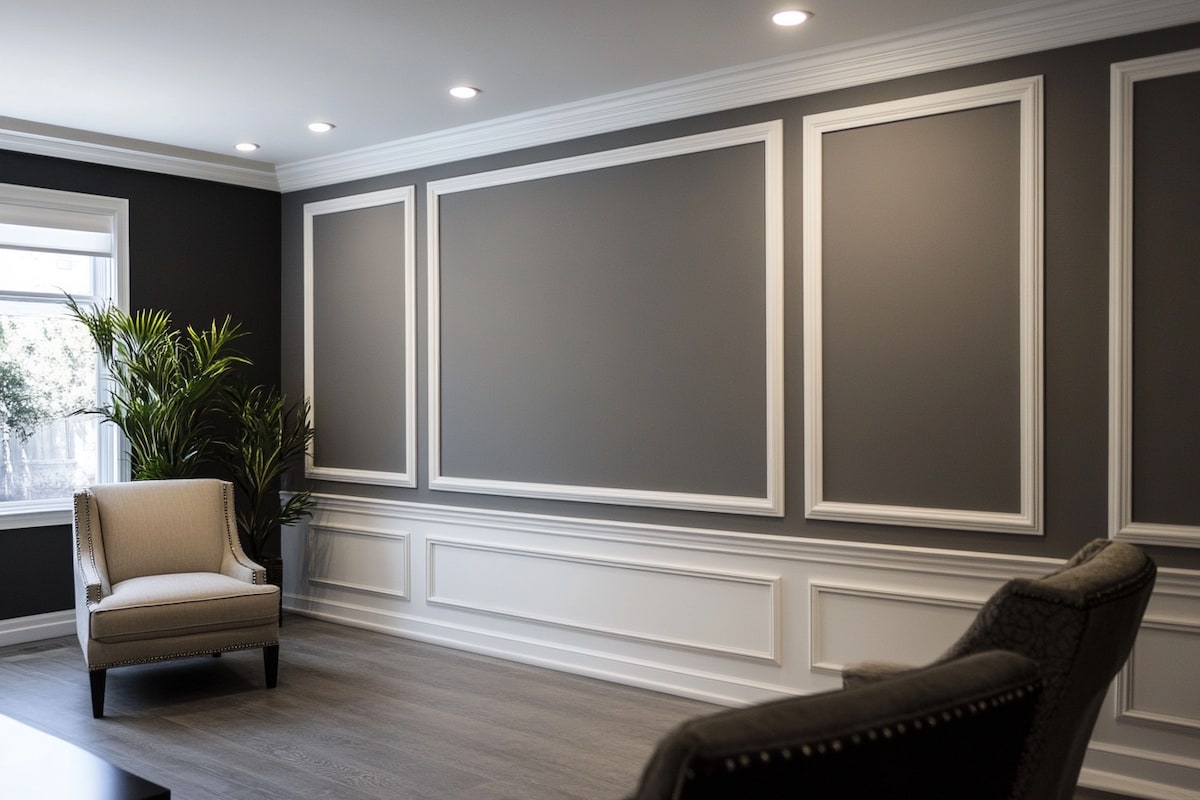 Contemporary Grey Living Room Wall Design With White Wall Trims