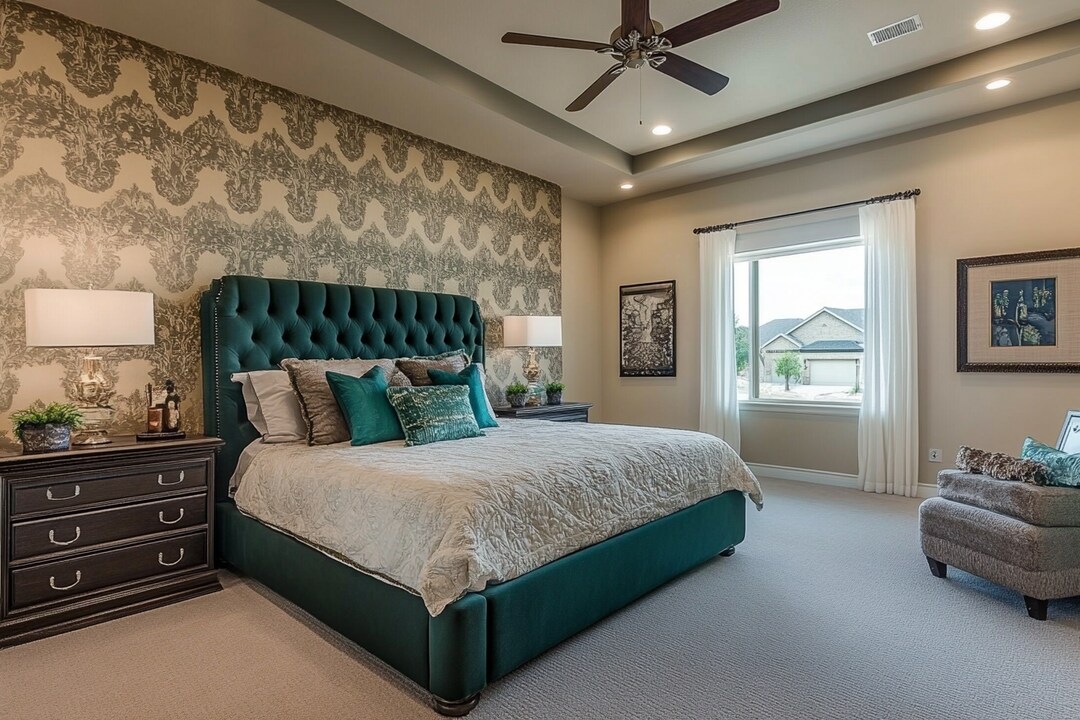 Contemporary Beige Master Bedroom Design With Damask Wallpaper And Dark ...