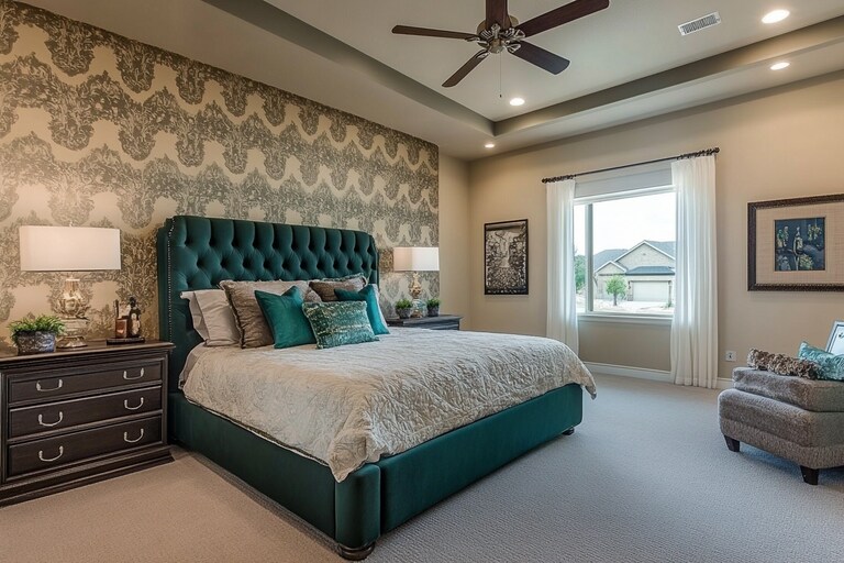 Contemporary Beige Master Bedroom Design With Damask Wallpaper And Dark ...
