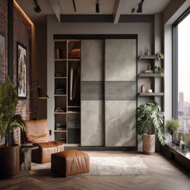 2-Door Industrial Sliding Wardrobe Design with Matte Suede Finish