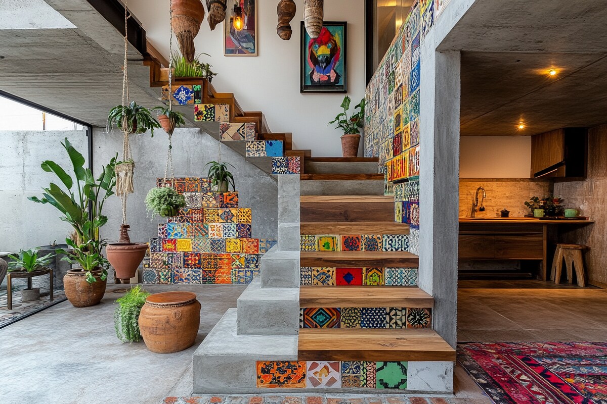 Bohemian U-Shaped Staircase Design with Wooden Steps and Concrete Base Bohemian U-Shaped Staircase Design with Wooden Steps and Concrete Base