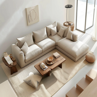 Modern Beige Living Room Design With L-Shaped Sectional Sofa And Wooden Coffee Table