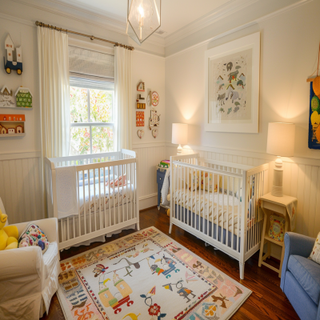 Eclectic Kids Room Design For Two With White Cribs