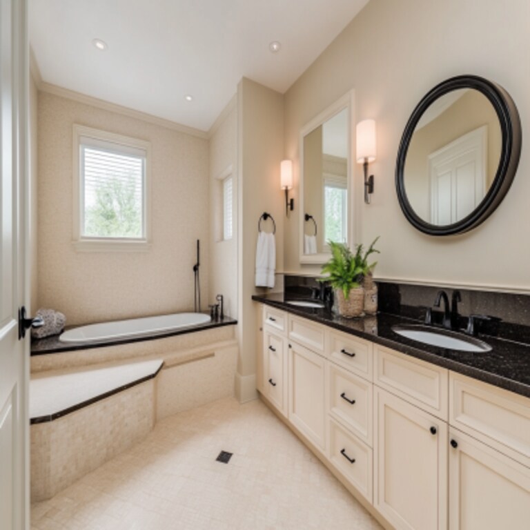 Modern Cream-Toned And Beige Bathroom Design With Black Geometric Bathroom Tiles