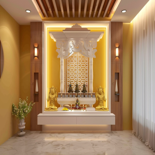 Art Deco Wood And White Mandir Unit With Mustard Yellow Accent Wall